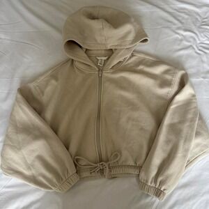 H&M White Cropped Zip-Up Long Sleeve Sweatshirt Hoodie Clinch Waist Women's MED